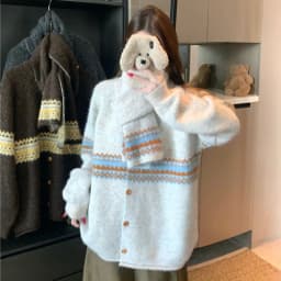 Fair Isle Jacquard Sweater with Scarf for Women Autumn Winter Warm Oversized Knit Cardigan Woman Soft Cozy Long Sleeve Knitwearv