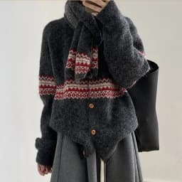 Fair Isle Jacquard Sweater with Scarf for Women Autumn Winter Warm Oversized Knit Cardigan Woman Soft Cozy Long Sleeve Knitwearv