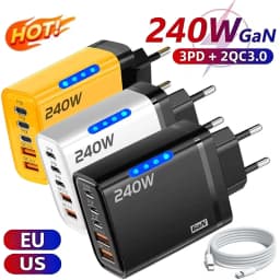 5 in 1 GaN USB C Desktop Charger 240W Fast Charge Phone Adapter Braid Type C Cable For iPhone Samsung Xiaomi EU/US Plug Charger