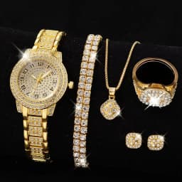 Full Diamond Roman Literal Steel Strip Watch with Starry Charm Business Quartz Watch Set