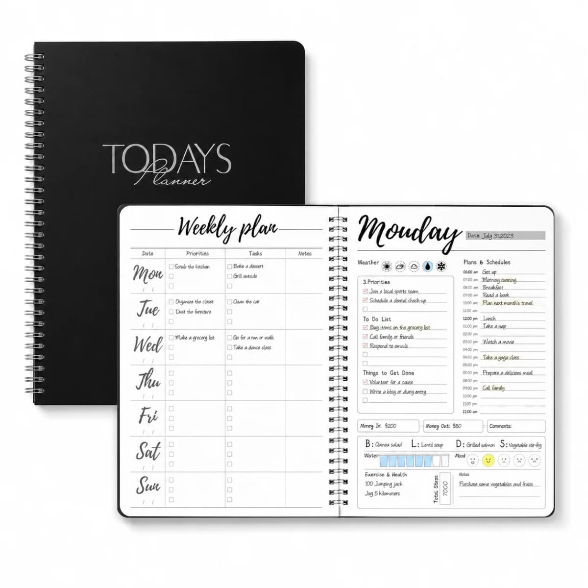 1PC Undated Today's Planner 10x7.3in Spiral Daily Weekly Schedule Notebook, To Do List Time Management Journal