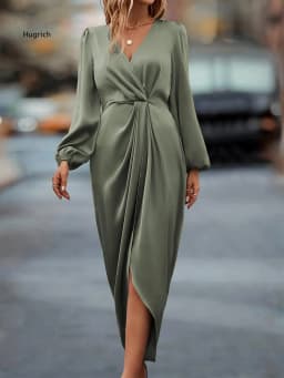 Women Satin Long Sleeve Midi Dress V Neck Twist Front Wrap Design High Slit Elegant Evening Dress For Wedding Guest Cocktail Par