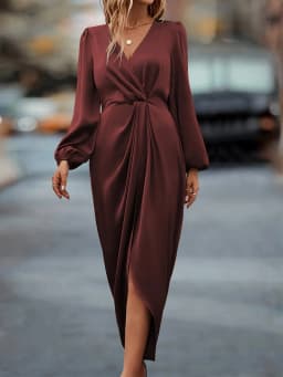 Women Satin Long Sleeve Midi Dress V Neck Twist Front Wrap Design High Slit Elegant Evening Dress For Wedding Guest Cocktail Par