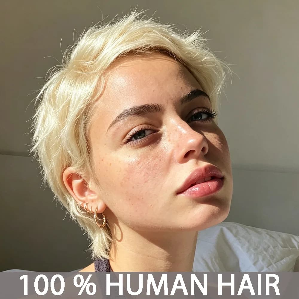 6 Inch Pixie Cut Human Hair Wig for Women, Short Blonde Color Straight Pixie Cut with Bangs, Full Machine-Made Rose Net Cap, Short Layered Wig Suitable for Holidays