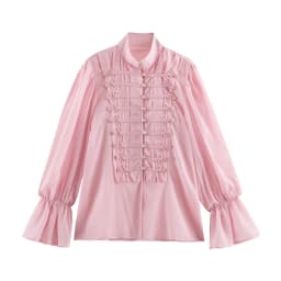 YENKYE Women Decorative Button Romantic Shirt Long Flare Sleeve High Neck Pleated Vintage Elegant Tops