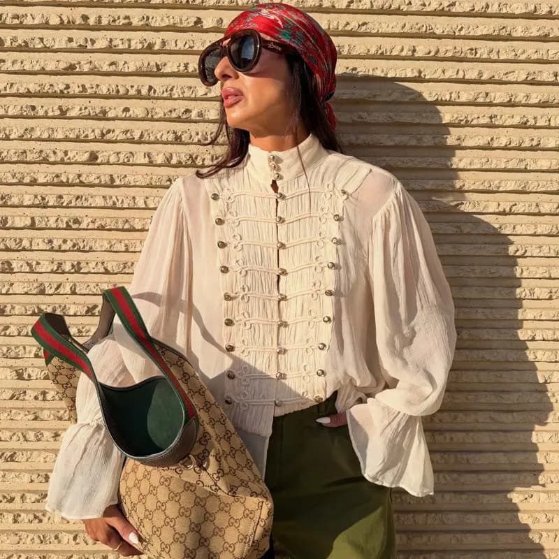 YENKYE Women Decorative Button Romantic Shirt Long Flare Sleeve High Neck Pleated Vintage Elegant Tops