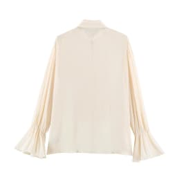 YENKYE Women Decorative Button Romantic Shirt Long Flare Sleeve High Neck Pleated Vintage Elegant Tops