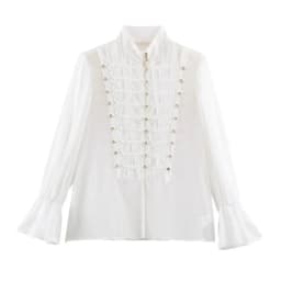 YENKYE Women Decorative Button Romantic Shirt Long Flare Sleeve High Neck Pleated Vintage Elegant Tops