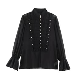 YENKYE Women Decorative Button Romantic Shirt Long Flare Sleeve High Neck Pleated Vintage Elegant Tops