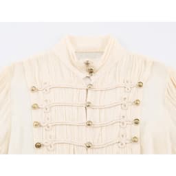 YENKYE Women Decorative Button Romantic Shirt Long Flare Sleeve High Neck Pleated Vintage Elegant Tops