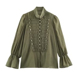 YENKYE Women Decorative Button Romantic Shirt Long Flare Sleeve High Neck Pleated Vintage Elegant Tops