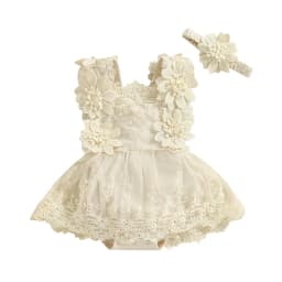 Infant Baby Girl Summer Romper Floral Lace Embroidery Romper Dress Straps Sleeveless Sweet Triangle-Bottom Jumpsuit And Headband