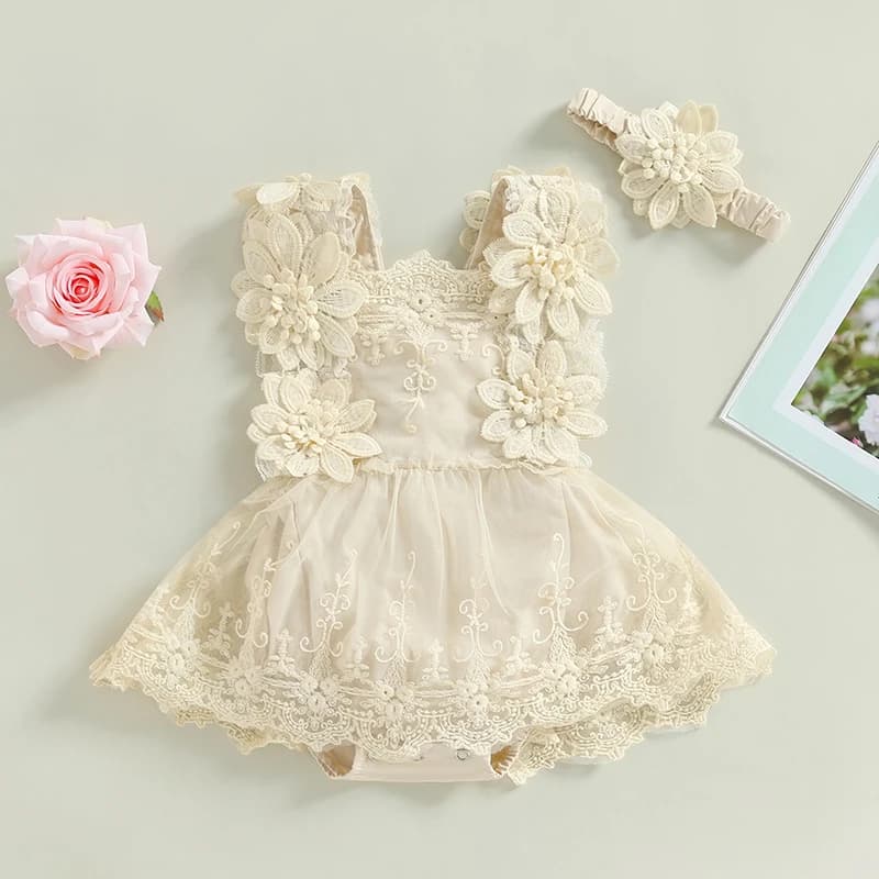 Infant Baby Girl Summer Romper Floral Lace Embroidery Romper Dress Straps Sleeveless Sweet Triangle-Bottom Jumpsuit And Headband