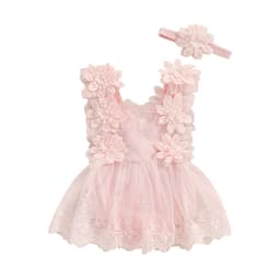 Infant Baby Girl Summer Romper Floral Lace Embroidery Romper Dress Straps Sleeveless Sweet Triangle-Bottom Jumpsuit And Headband