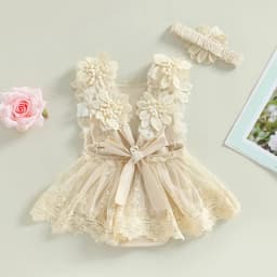 Infant Baby Girl Summer Romper Floral Lace Embroidery Romper Dress Straps Sleeveless Sweet Triangle-Bottom Jumpsuit And Headband