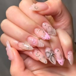 24pcs Nude Pink Almond Fake Nails Shiny Powder Flower Pattern French False Nails Wearable Full Cover Ins Simple Press on Nail