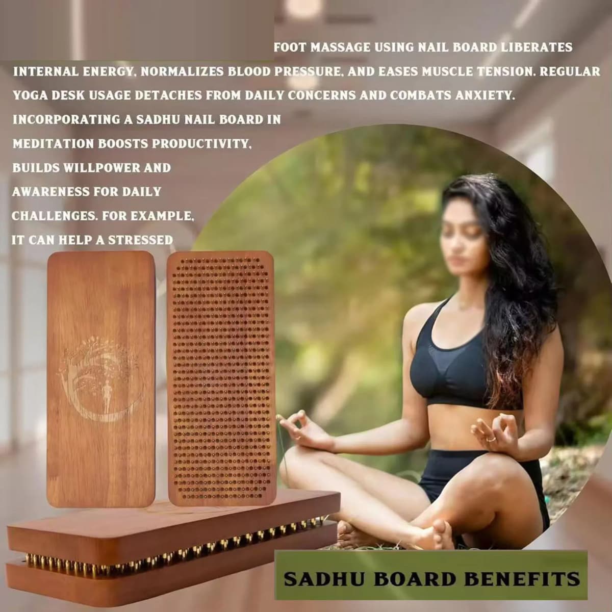 2Pcs Sadhu Board Portable Wooden Yoga Board Foot Massage Board Meditation with Nails for Home Gym Fitness Training