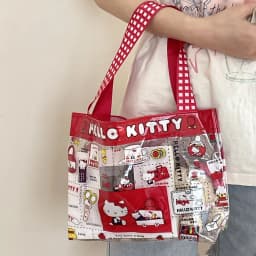 Retro Red Checkered Hello Kitty Transparent Handbag Cartoon Print PVC Waterproof Mommy Bag Swimming Storage Tote Bag