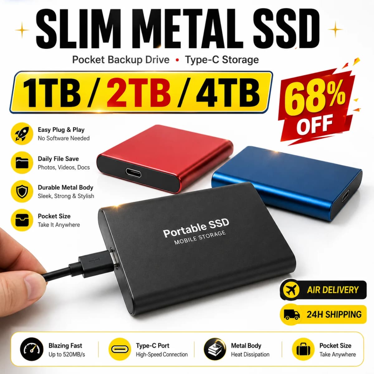 4TB Slim External SSD Portable Type-C Hard Drive USB 3.1 Storage for Mac Laptop PC Phone Backup Data