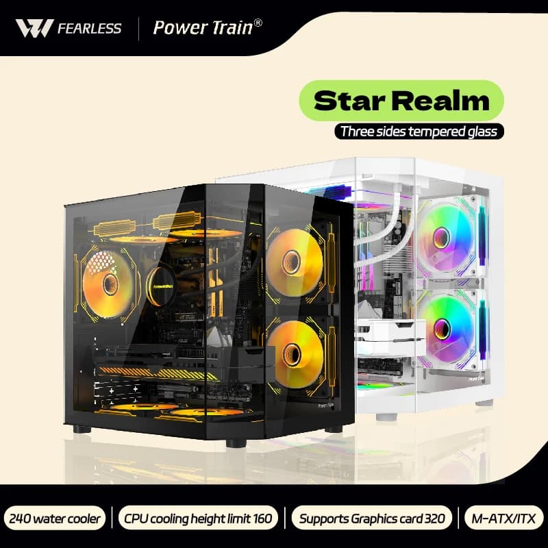 Power Train Star Realm M-ATX Desktop Case Three Sided Glass Panoramic Sea View Room Without Pillars 240 Water Cooler PC Case