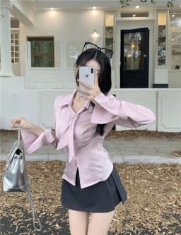 Korean Pink Striped Long Sleeve Shirt for Women Autumn 2026 Woman Fashion Lapel Collar Blouse Female Slim Fit Lace Up Shirts