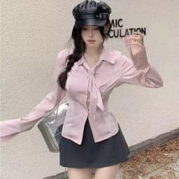 Korean Pink Striped Long Sleeve Shirt for Women Autumn 2026 Woman Fashion Lapel Collar Blouse Female Slim Fit Lace Up Shirts