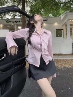 Korean Pink Striped Long Sleeve Shirt for Women Autumn 2026 Woman Fashion Lapel Collar Blouse Female Slim Fit Lace Up Shirts