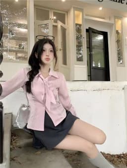 Korean Pink Striped Long Sleeve Shirt for Women Autumn 2026 Woman Fashion Lapel Collar Blouse Female Slim Fit Lace Up Shirts