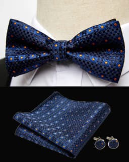 HUISHI Classic Blue Bowties For Men Paisley Floral Bow Tie Pocket Square Cufflinks Suit Set Wedding Party Plaid Solid Butterfly