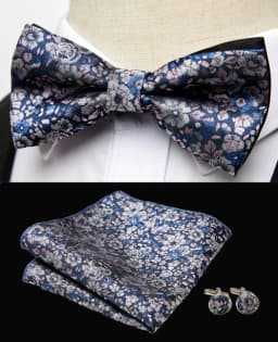 HUISHI Classic Blue Bowties For Men Paisley Floral Bow Tie Pocket Square Cufflinks Suit Set Wedding Party Plaid Solid Butterfly