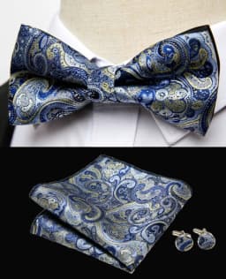 HUISHI Classic Blue Bowties For Men Paisley Floral Bow Tie Pocket Square Cufflinks Suit Set Wedding Party Plaid Solid Butterfly