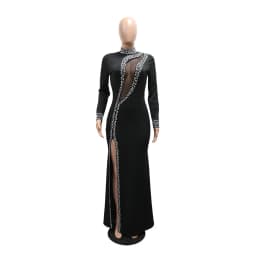 HBLL Factory Wholesale Black Long Sleeve Diamond Mesh Perspective Dress Sexy Celebrity Cocktail Party Bodycon Long Evening Dress
