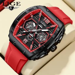 LIGE Men Watch Fashion Red Silicone Tonneau Sports Chronograph Quartz Wristwatch Casual Waterproof Watches For Men Reloj Hombre