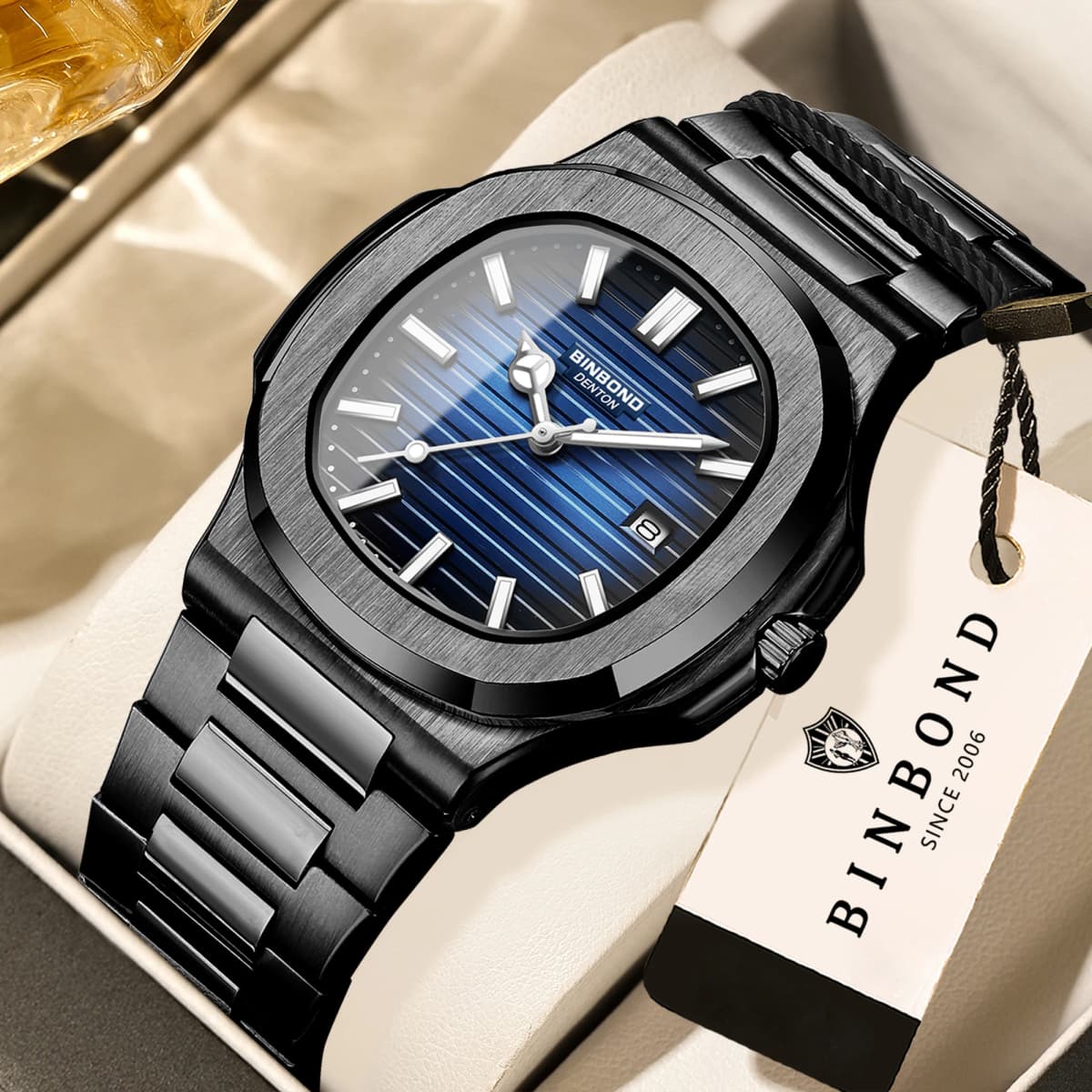 BINBOND Orginal Luminous Waterproof Sturdy Stainless Steel Strap Quartz Wristwatches For Men Luxury Auto Date Men's Watch Reloj