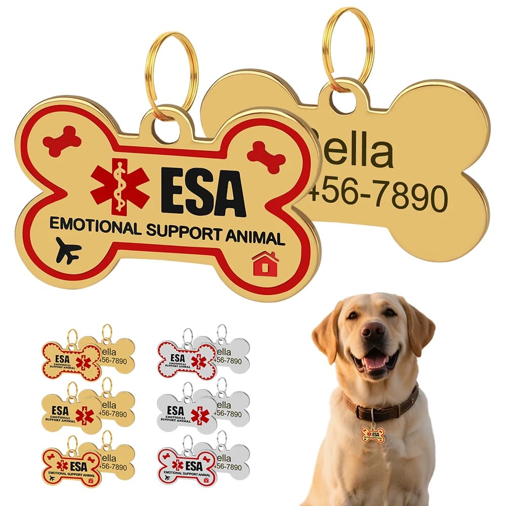 Personalized ESA Dog Tag Stainless Steel Custom Emotional Support Animal Pet ID Tags Bone Pet Tag Pendants
