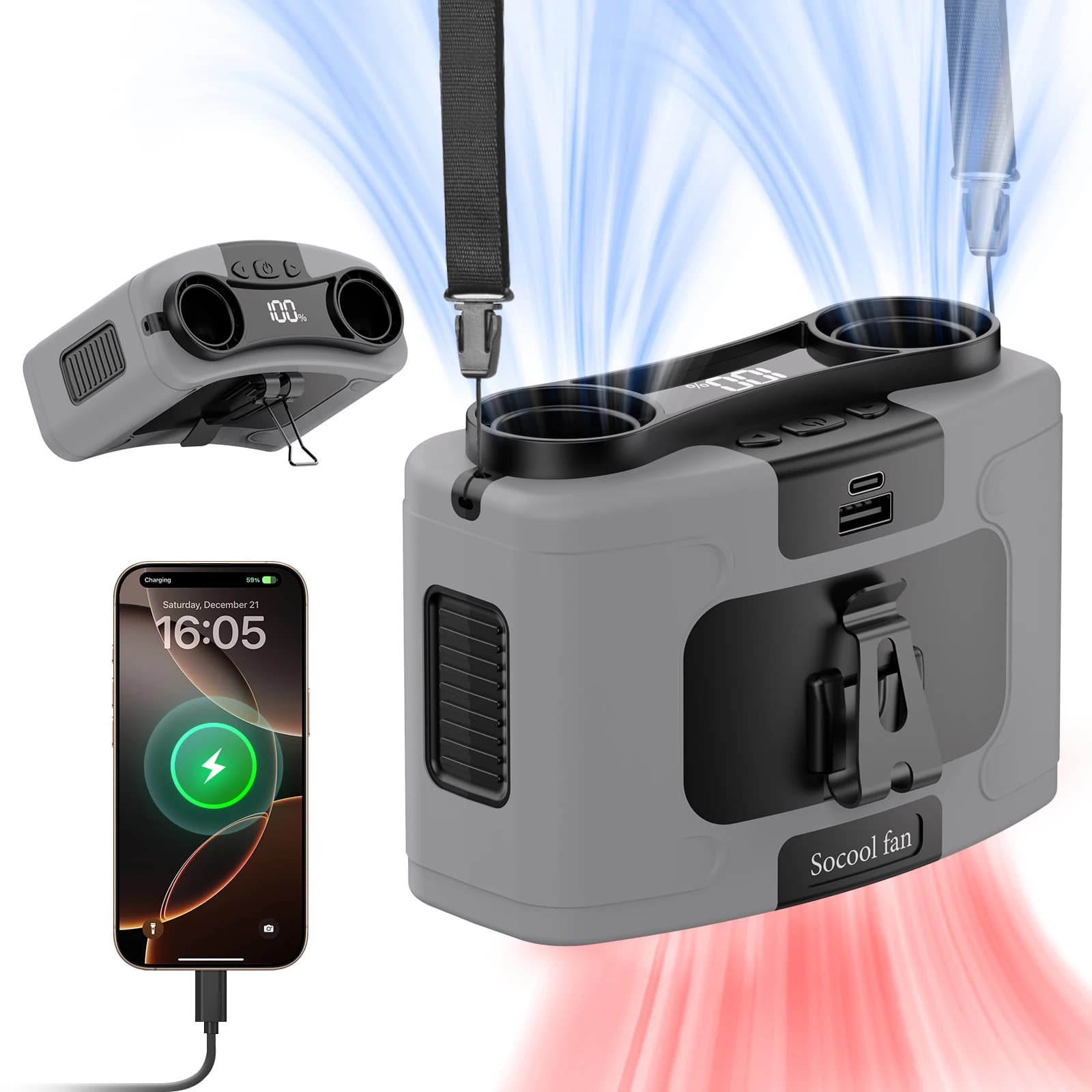 Socool 20000mAh Portable Waist Fan Dual Air Outlet 10 Gear Speeds Outdoor Personal Hanging Neck & Belt Clip Fan with Power Bank