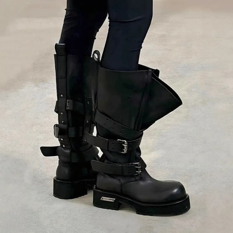 Modern Vintage Big Round Toe Height Increasing Boots Men's Belt Buckle Street Style Mid-Calf Boot Platform Motorcycle Boots