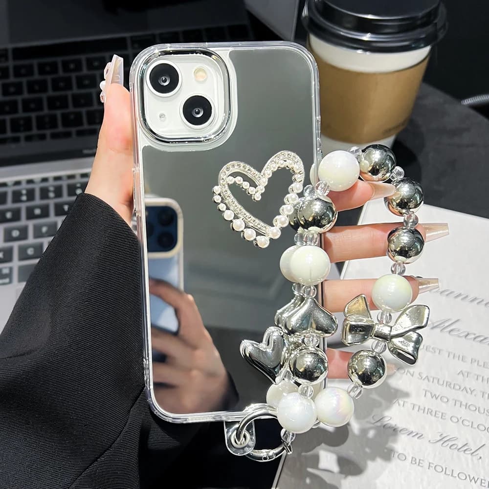 Love Heart Lanyard Mirror Phone Case For iPhone 17 13 11 16 15 Pro Max 12 14 Plus XR X XS Case Wrist Chain Makeup Mirror Cover
