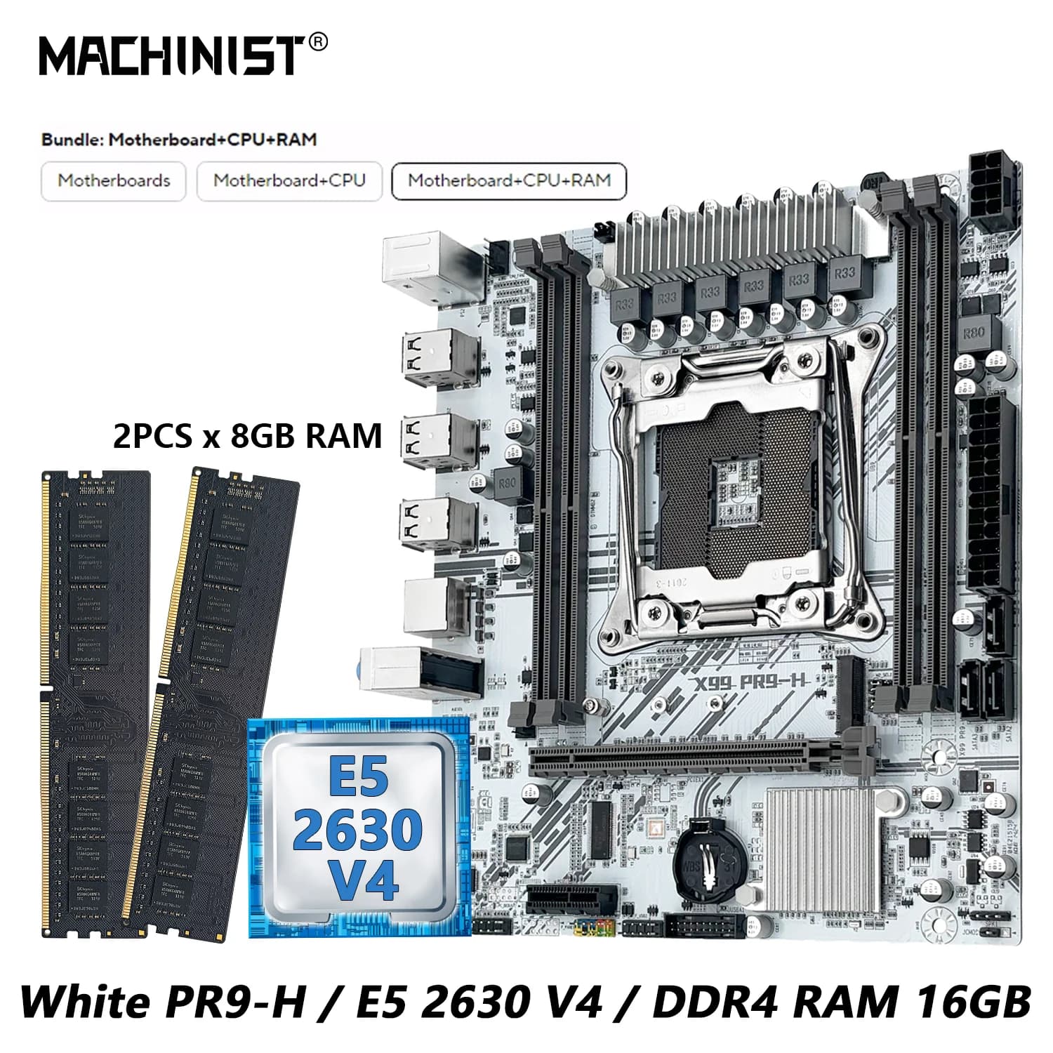 MACHINIST White X99 PR9-H Motherboard Combo Intel Xeon E5 2630 V4 LGA 2011-3 CPU DDR4 16GB RAM NVME M.2 Optional Kit Set
