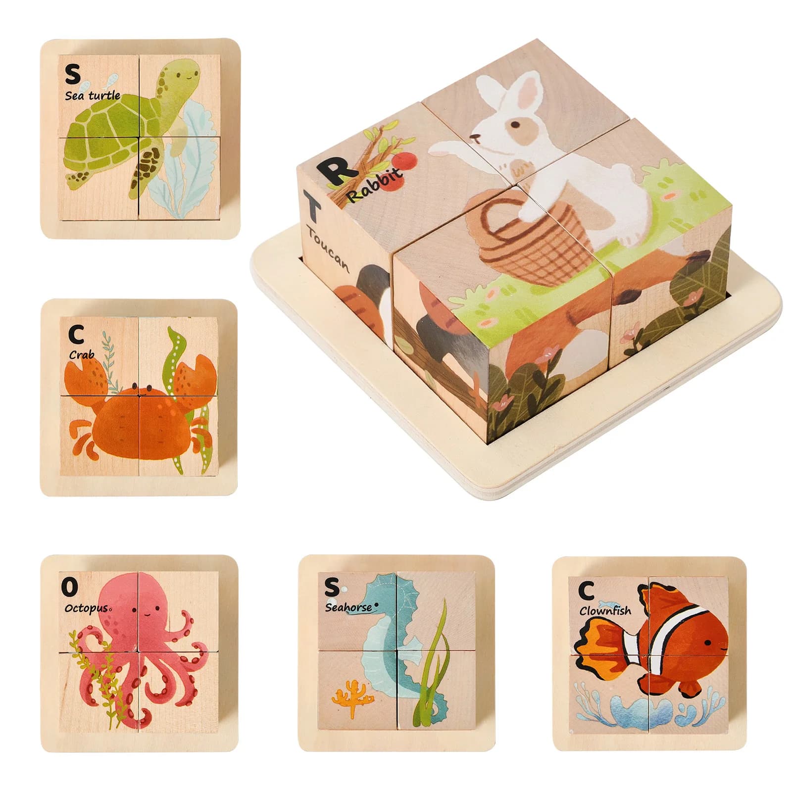 6 in 1 Wooden Chunky Puzzle Blocks for Toddlers Solid Wood Printing Smooth Burr Free Ocean Animals Fine Motor Skills Parent Game
