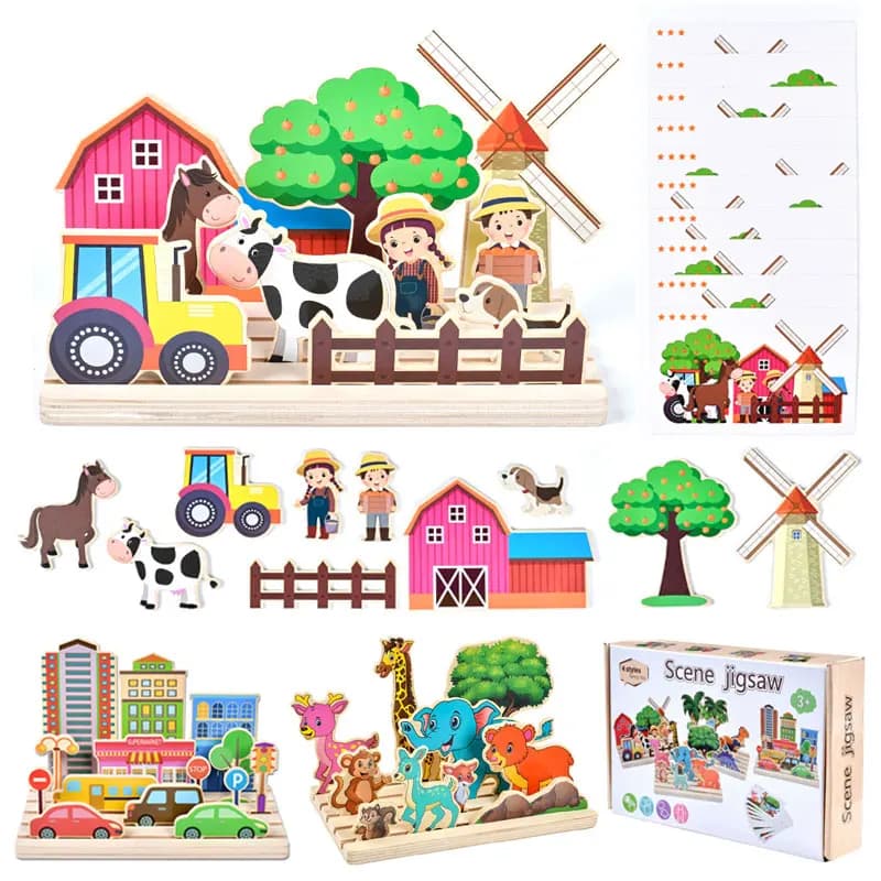 Kids Wooden Logical Thinking Game Farm Animal Scene Puzzles Build Matching Game Imagination Training Montessori Educational Toys