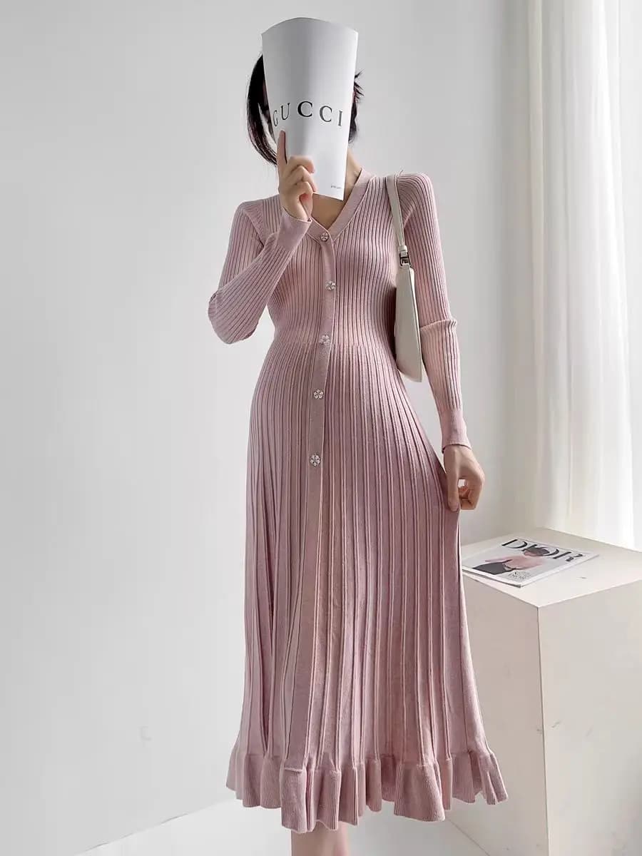 Pregnant Women's Fishtail Dress Autumn Winter Single Breasted V-neck Loose Maternity Pleated Dress Pregnancy Knitted Long Dress