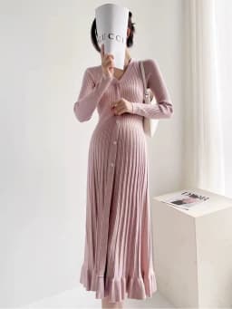 Pregnant Women's Fishtail Dress Autumn Winter Single Breasted V-neck Loose Maternity Pleated Dress Pregnancy Knitted Long Dress