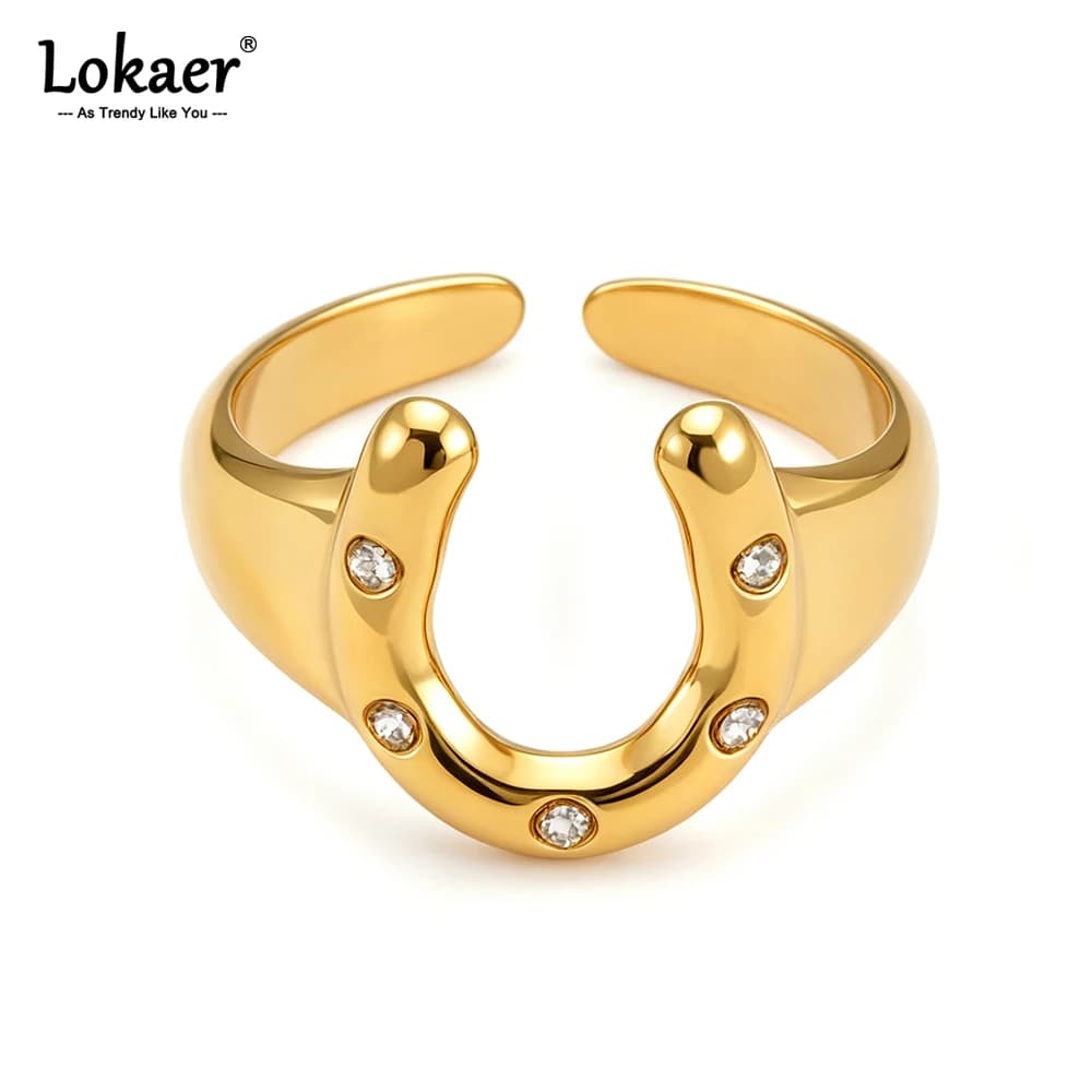 Lokaer 316L Stainless Steel Rhinestone Horseshoe U-shaped Open Ring Waterproof 18K Gold Color Plated Women's Jewelry Gift R26032