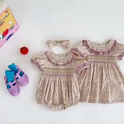 New Summer Baby Girl Clothes Short Sleeve Lace Flower Girls Dress Cotton Baby Romper Princess Dress Famil Matching Sister Outfit