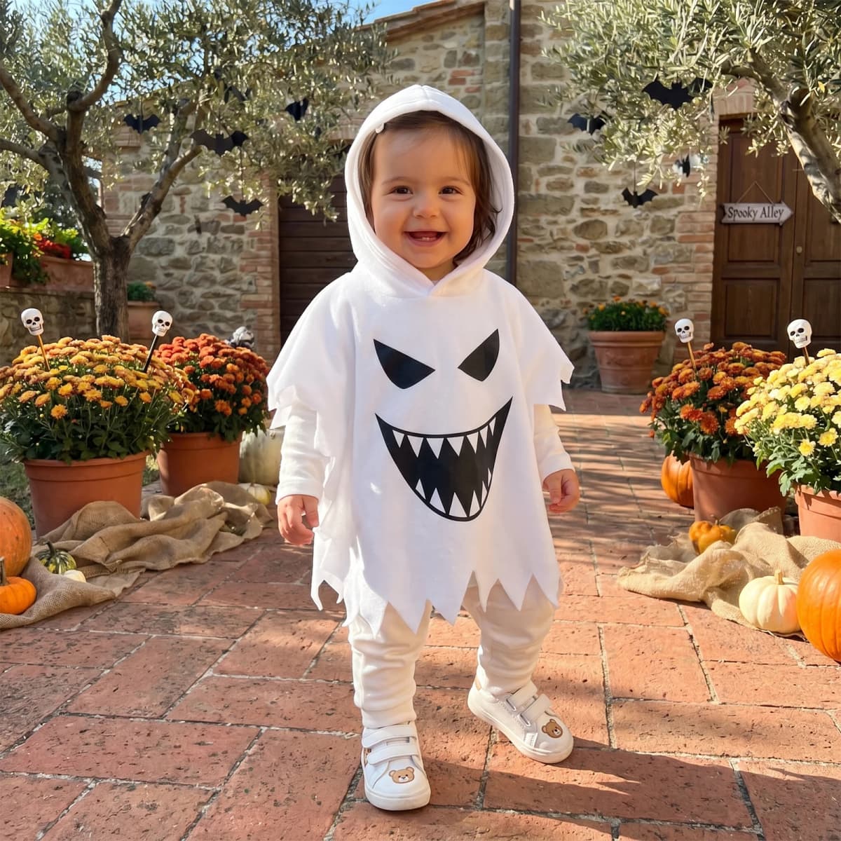 Halloween Kids Ghost Cape Adorable Ghost Print Hooded Cloak for Cosplay Party Wear Halloween Costume