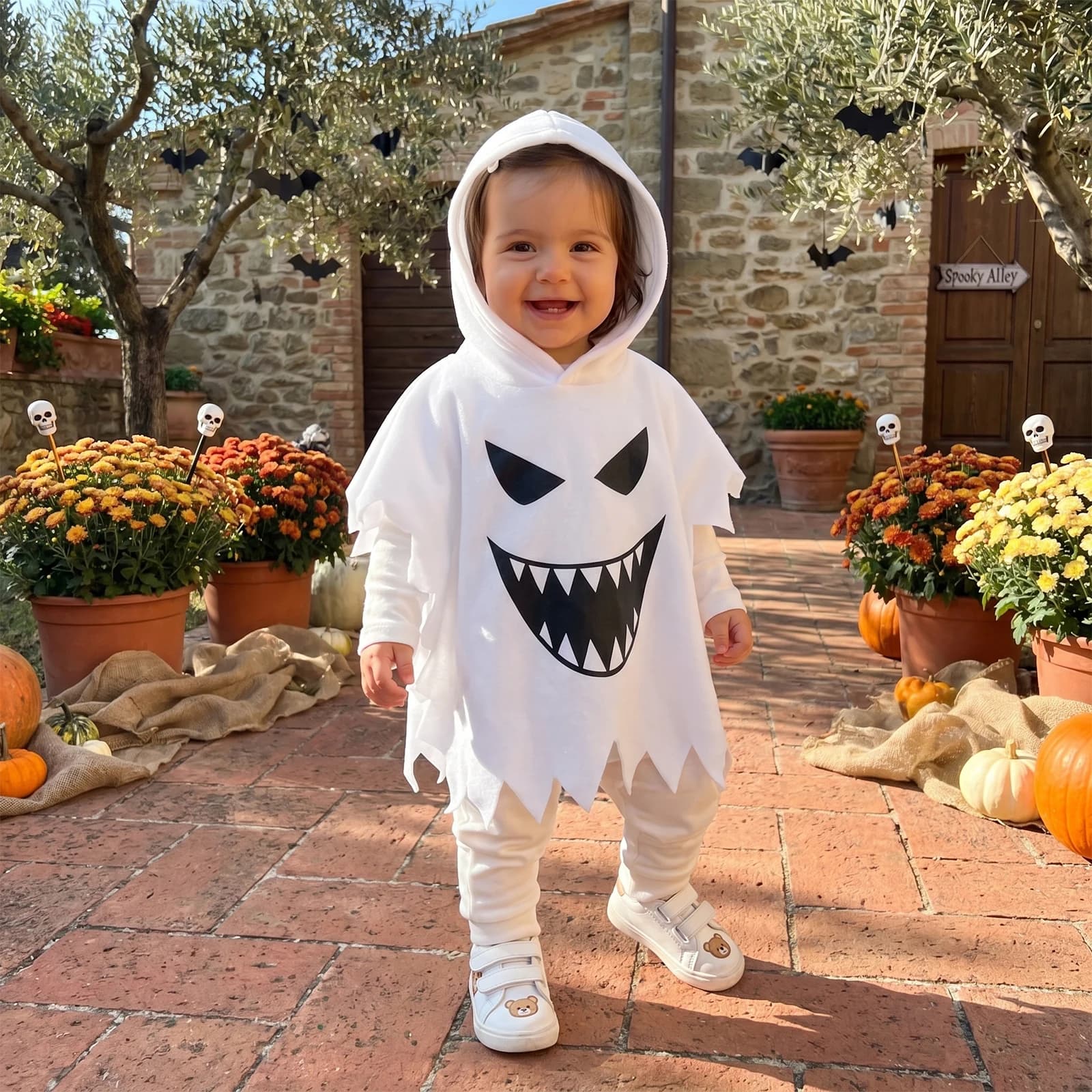 Halloween Kids Ghost Cape Adorable Ghost Print Hooded Cloak for Cosplay Party Wear Halloween Costume