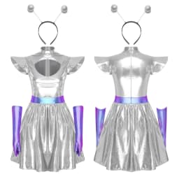 Adult Women Silver Astronaut Costume Alien Tutu Dress Suit Space Cadet Leotards Dress for Halloween Cosplay Theme Party Dress-up
