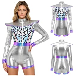 Adult Women Silver Astronaut Costume Alien Tutu Dress Suit Space Cadet Leotards Dress for Halloween Cosplay Theme Party Dress-up