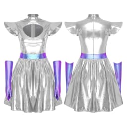 Adult Women Silver Astronaut Costume Alien Tutu Dress Suit Space Cadet Leotards Dress for Halloween Cosplay Theme Party Dress-up
